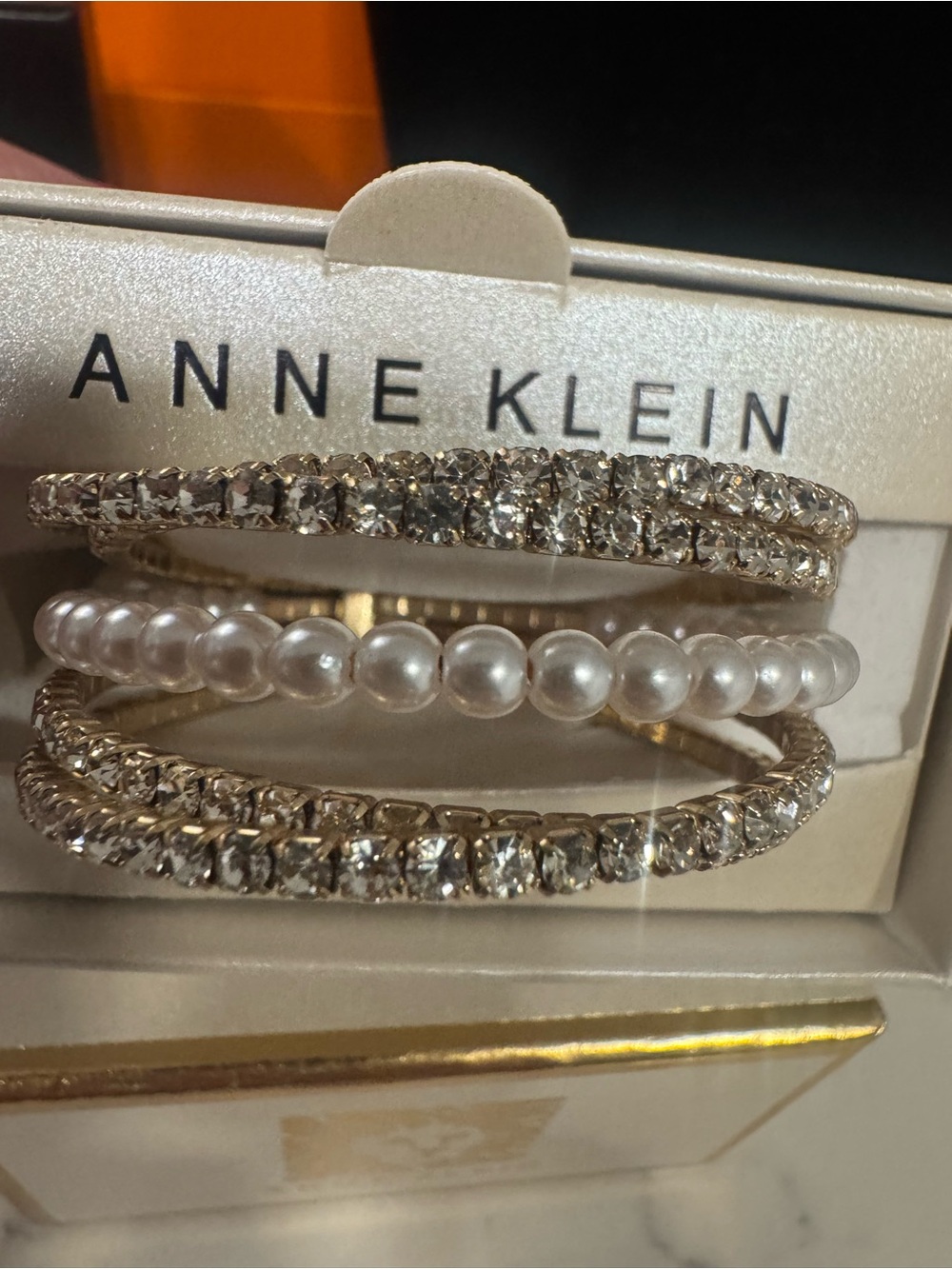 Anne Klein Gold-Tone Pearl and Crystal Stack Bracelet Set new